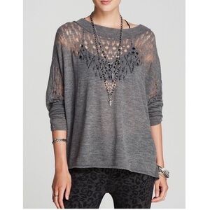 Free People Gray Pointelle Ballet Sweater Oversized Slouchy Pullover Size Small